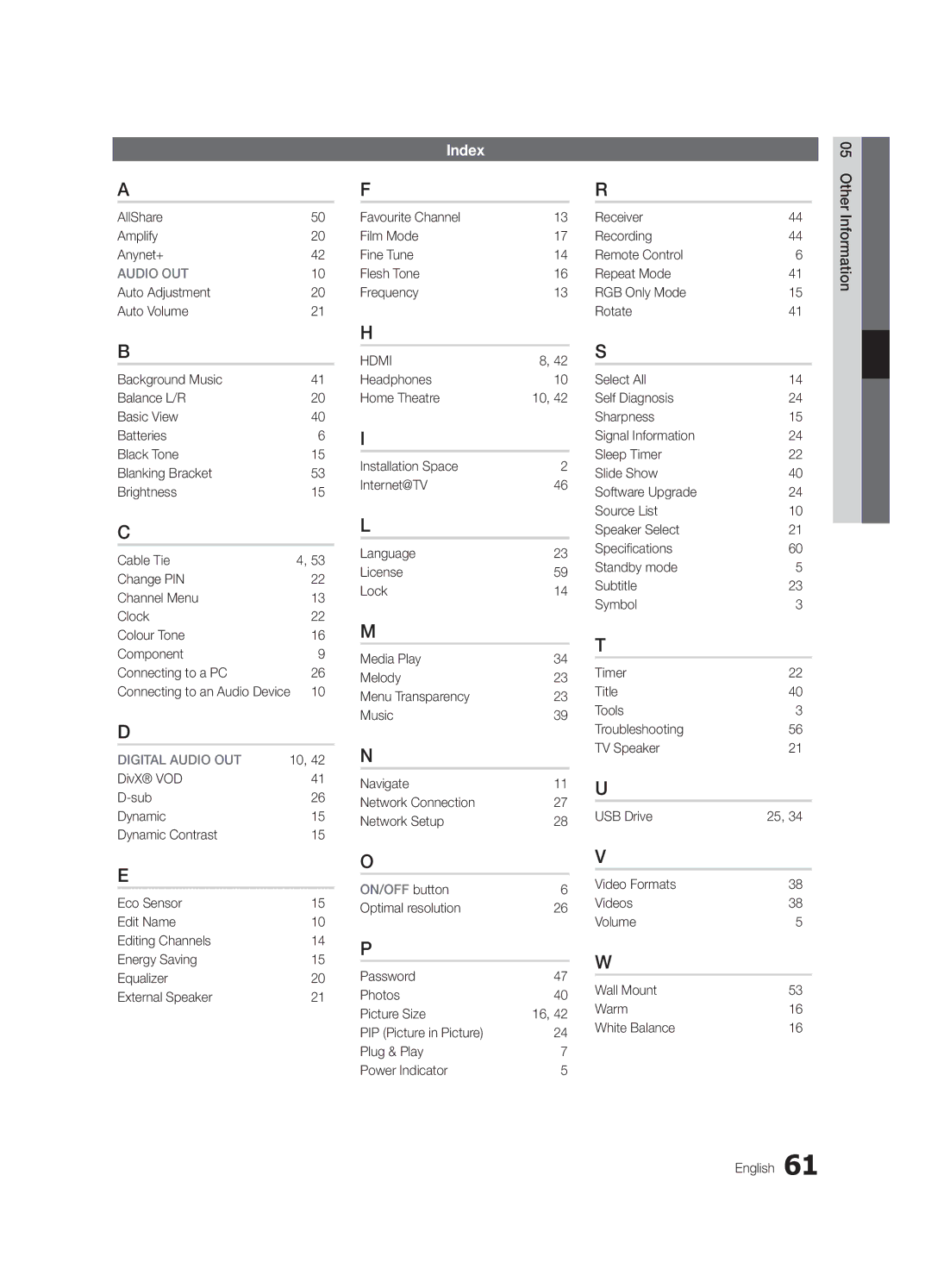 Samsung UC7000 user manual Index, AllShare Amplify Anynet+, Favourite Channel Film Mode Fine Tune Flesh Tone Frequency 