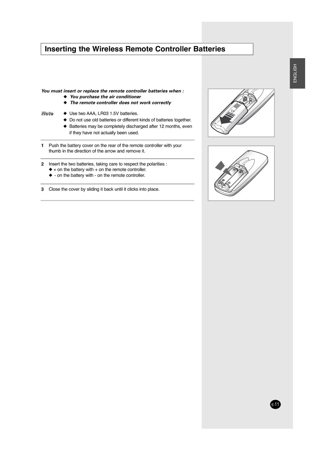 Samsung ACC2400C, UCC2800C, UCC2400C, ACC2800C installation manual Inserting the Wireless Remote Controller Batteries 