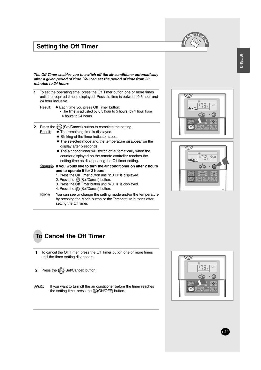 Samsung ACC2400C, UCC2800C, UCC2400C, ACC2800C installation manual Setting the Off Timer, To Cancel the Off Timer 