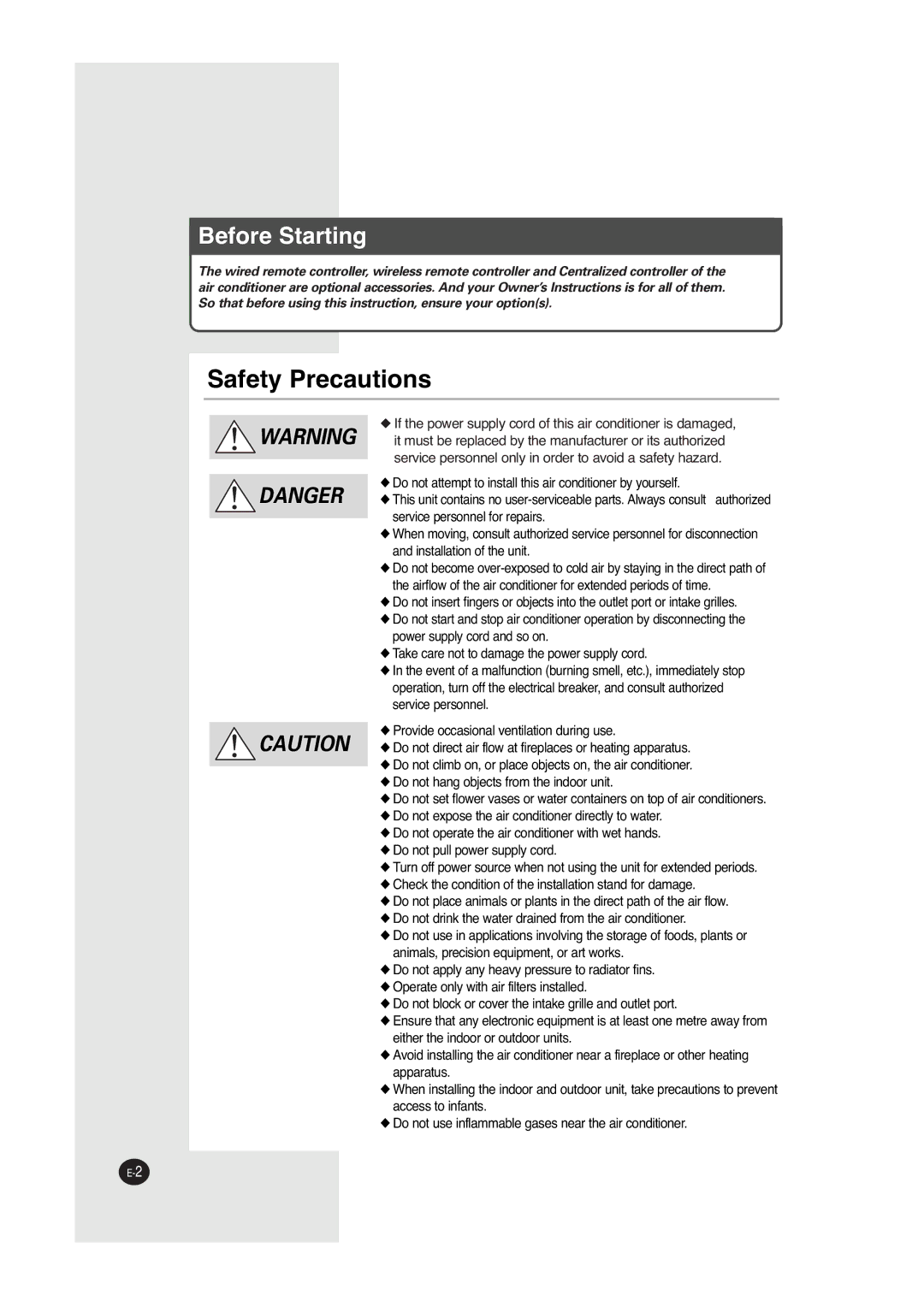 Samsung ACC2800C, UCC2800C, UCC2400C, ACC2400C installation manual Safety Precautions 