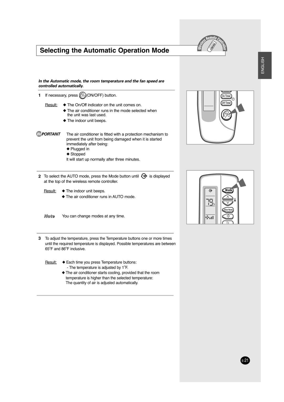 Samsung UCC2400C, UCC2800C, ACC2800C, ACC2400C installation manual Selecting the Automatic Operation Mode 