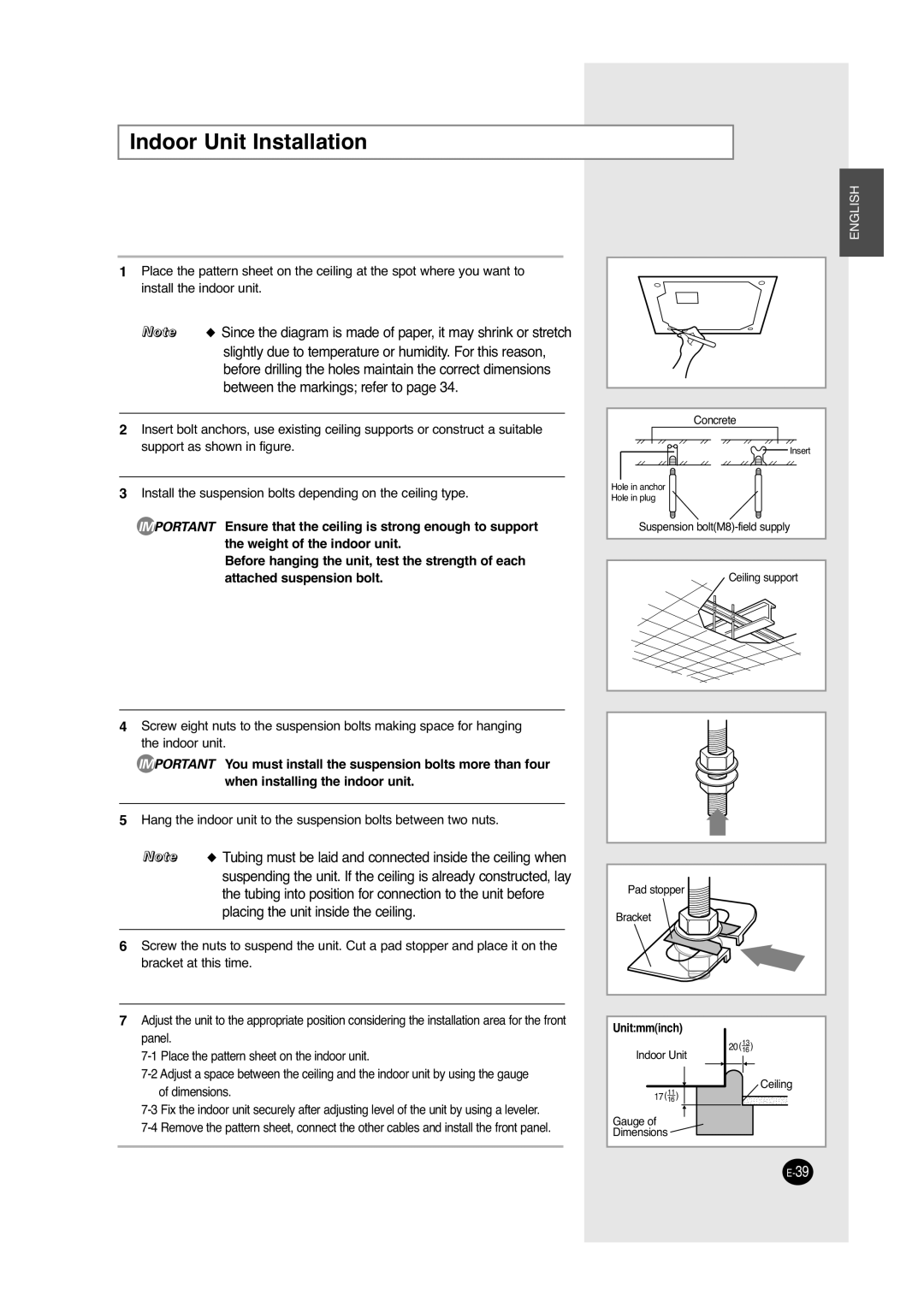 Samsung ACC2400C, UCC2800C, UCC2400C, ACC2800C installation manual Indoor Unit Installation 