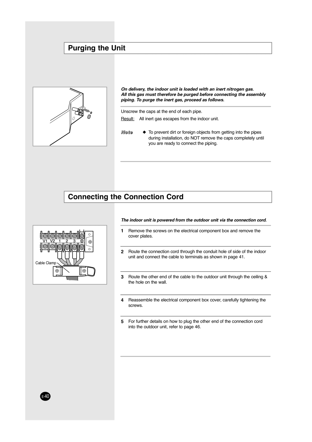 Samsung UCC2800C, UCC2400C, ACC2800C, ACC2400C installation manual Purging the Unit, Connecting the Connection Cord 