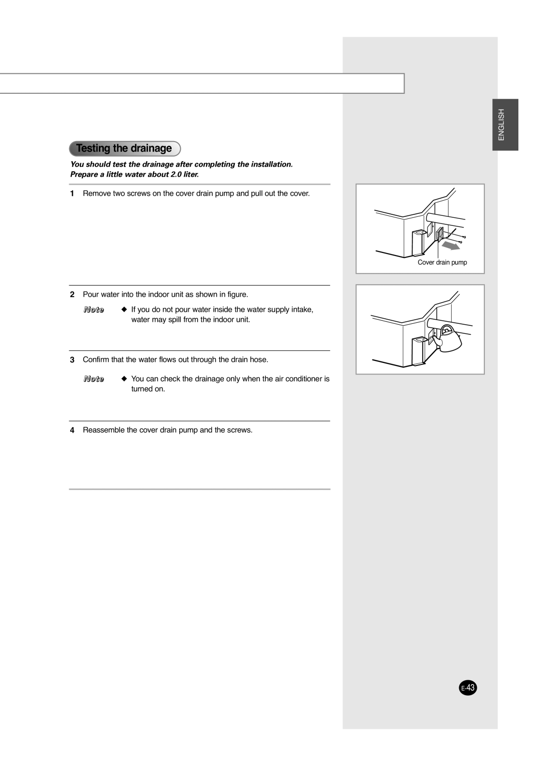 Samsung ACC2400C, UCC2800C, UCC2400C, ACC2800C installation manual Testing the drainage 