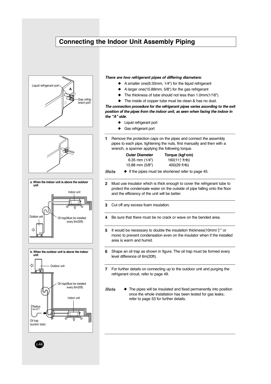 Samsung UCC2800C Connecting the Indoor Unit Assembly Piping, There are two refrigerant pipes of differing diameters 