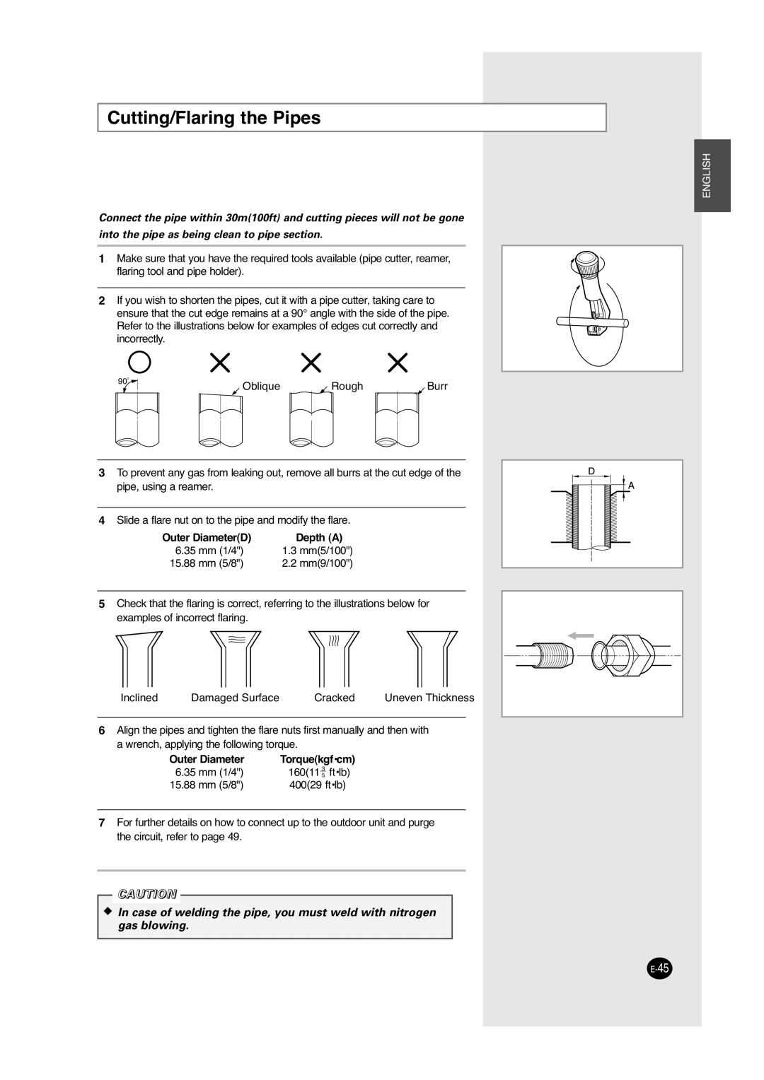 Samsung UCC2400C, UCC2800C, ACC2800C, ACC2400C installation manual Cutting/Flaring the Pipes, Depth a 