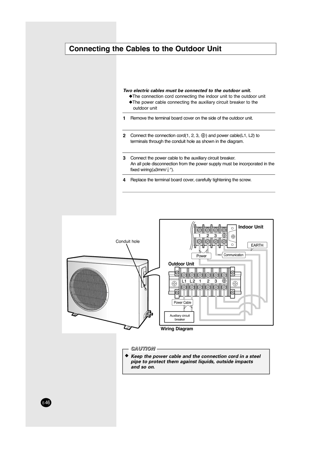 Samsung ACC2800C Connecting the Cables to the Outdoor Unit, Two electric cables must be connected to the outdoor unit 