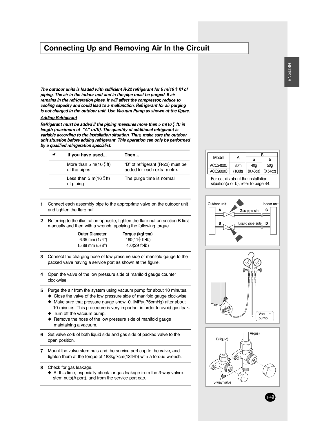 Samsung UCC2400C, UCC2800C, ACC2800C, ACC2400C Connecting Up and Removing Air In the Circuit, Adding Refrigerant 