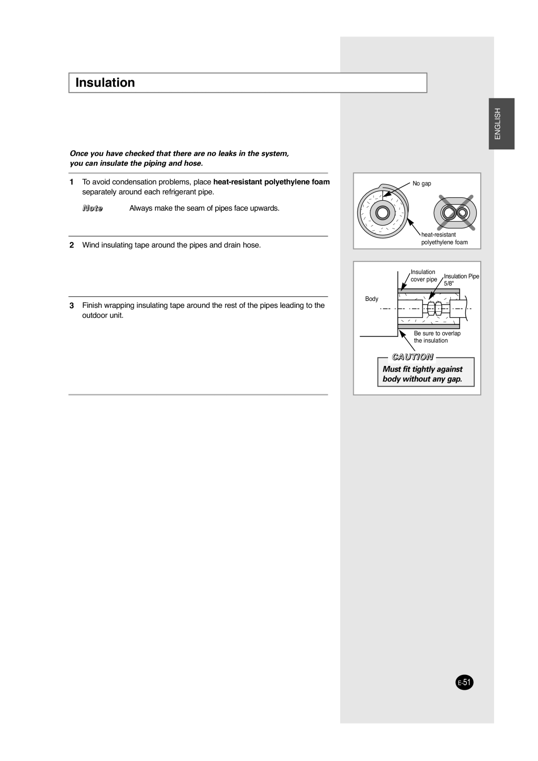 Samsung ACC2400C, UCC2800C, UCC2400C, ACC2800C installation manual Insulation 