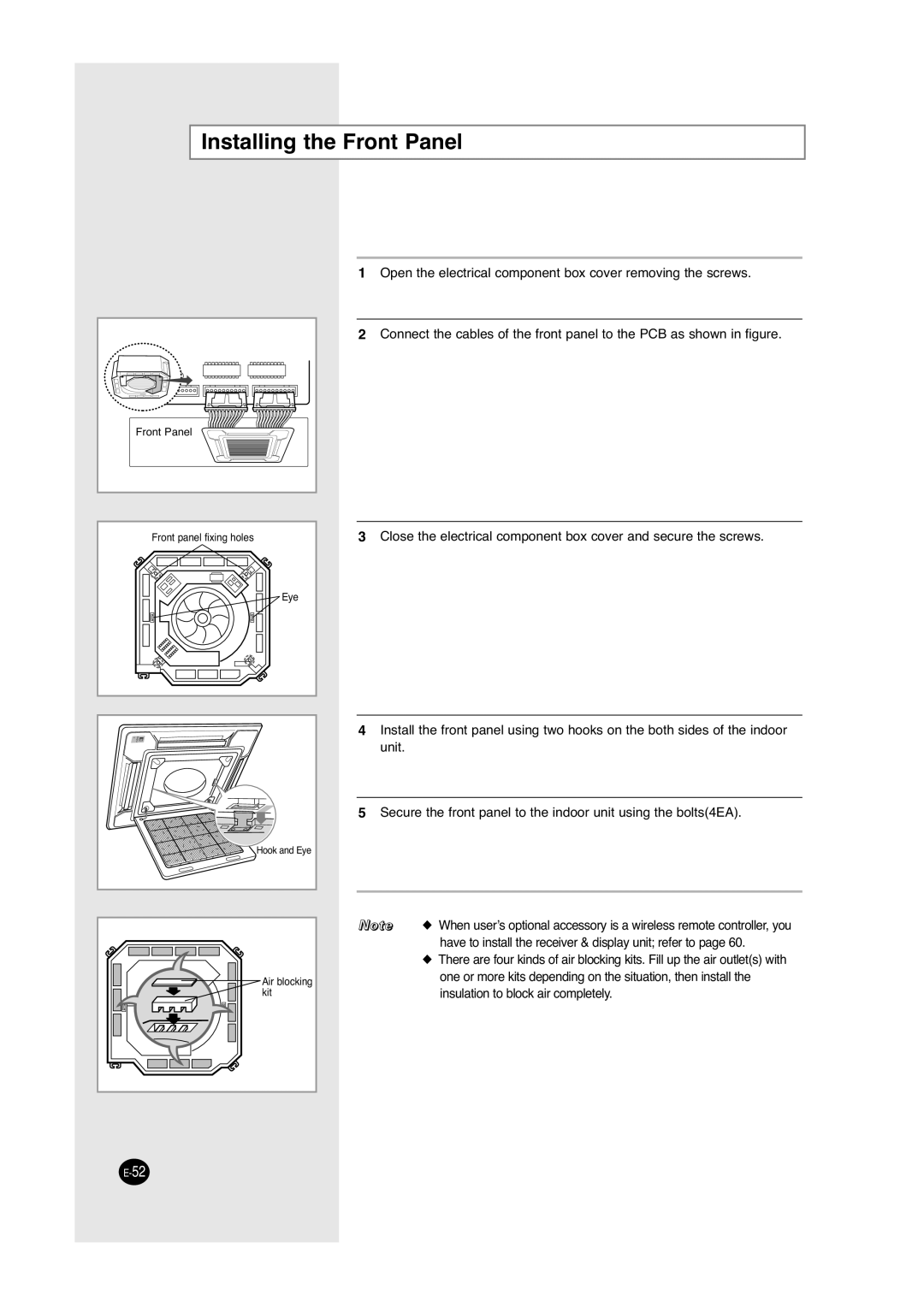 Samsung UCC2800C, UCC2400C, ACC2800C, ACC2400C installation manual Installing the Front Panel 