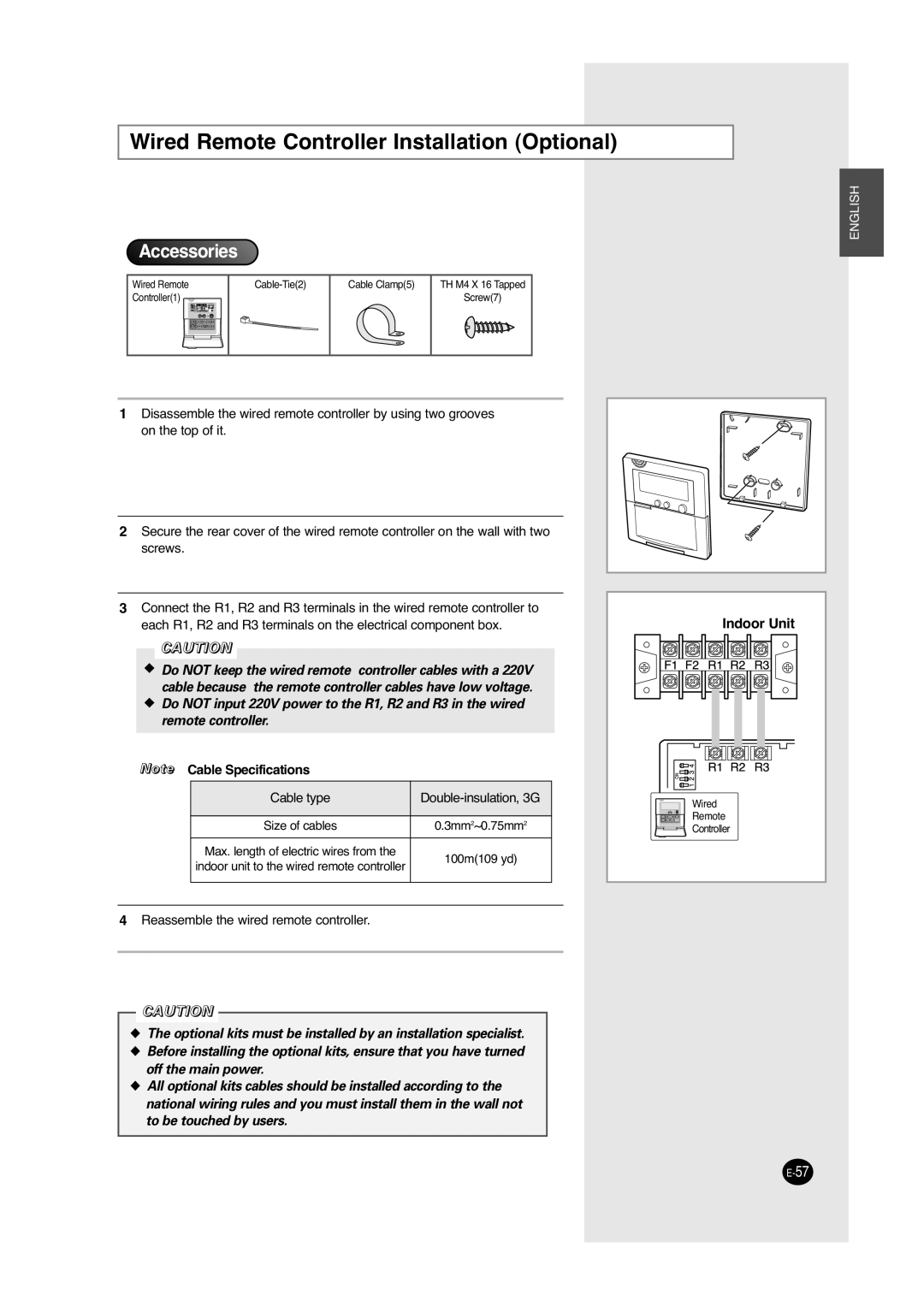 Samsung UCC2400C, UCC2800C, ACC2800C, ACC2400C installation manual Wired Remote Controller Installation Optional, Accessories 