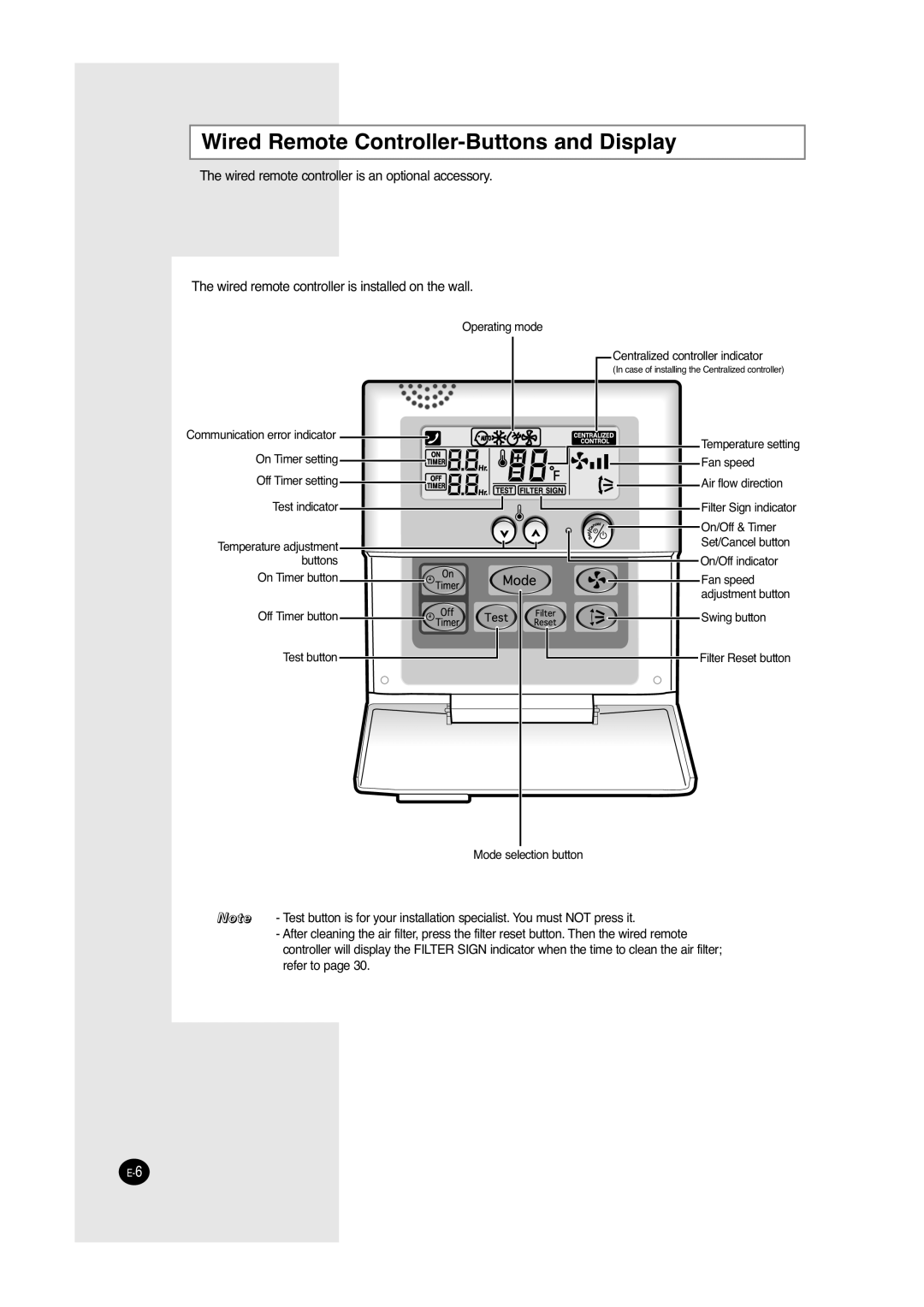 Samsung ACC2800C, UCC2800C, UCC2400C, ACC2400C installation manual Wired Remote Controller-Buttons and Display 