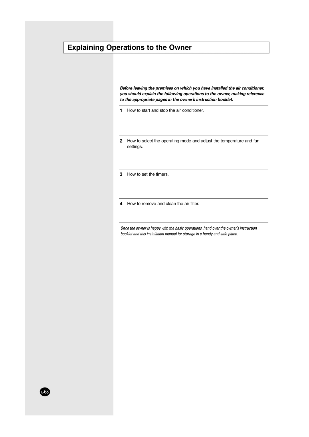 Samsung UCC2800C, UCC2400C, ACC2800C, ACC2400C installation manual Explaining Operations to the Owner 