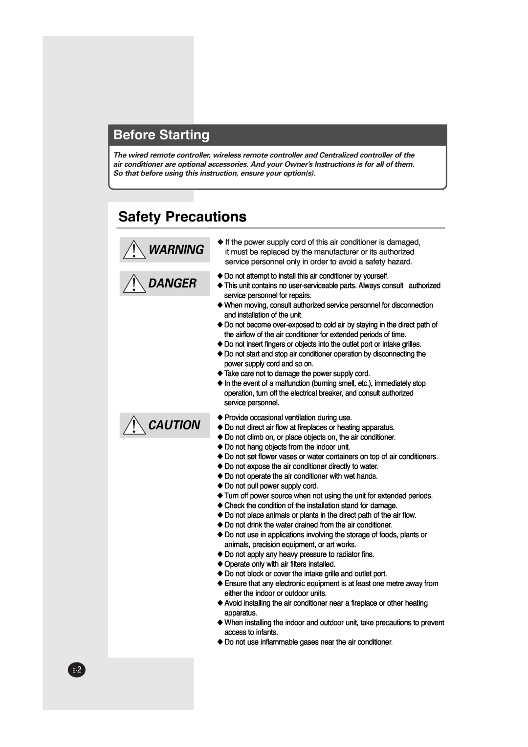 Samsung ACC2800C, UCC2800C, UCC2400C, ACC2400C installation manual Safety Precautions, Before Starting, Danger 