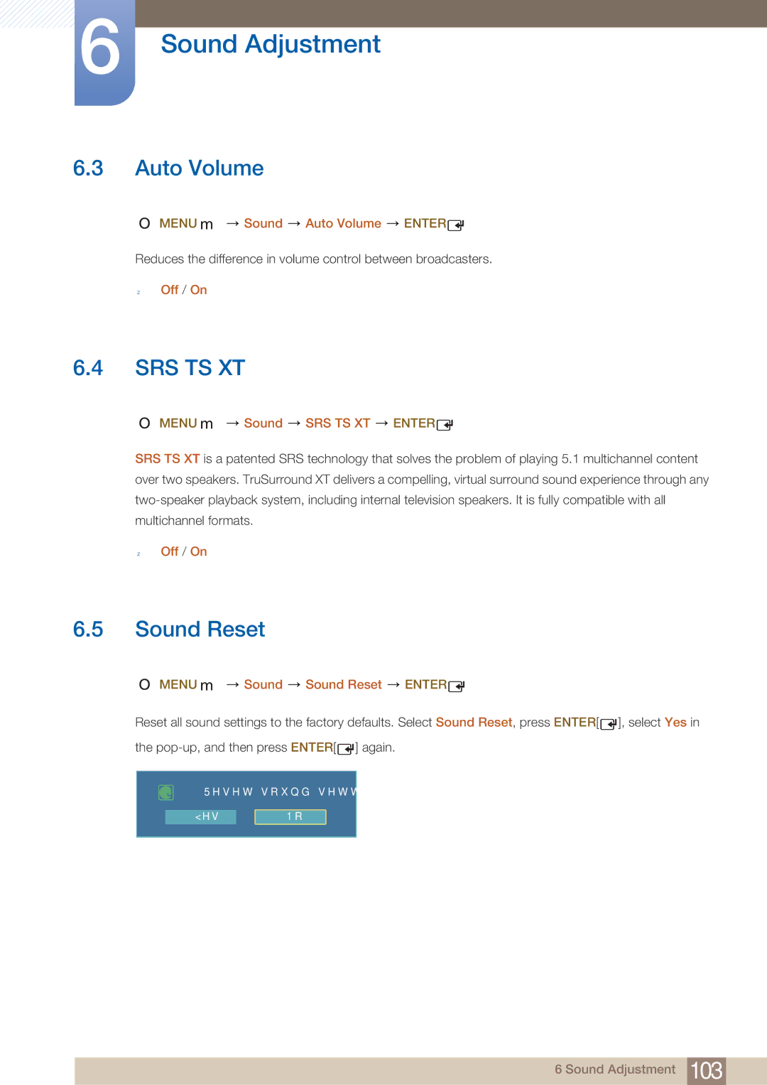 Samsung UD22B user manual Sound Reset, Menu m Sound Auto Volume Enter, Menu m Sound SRS TS XT Enter 