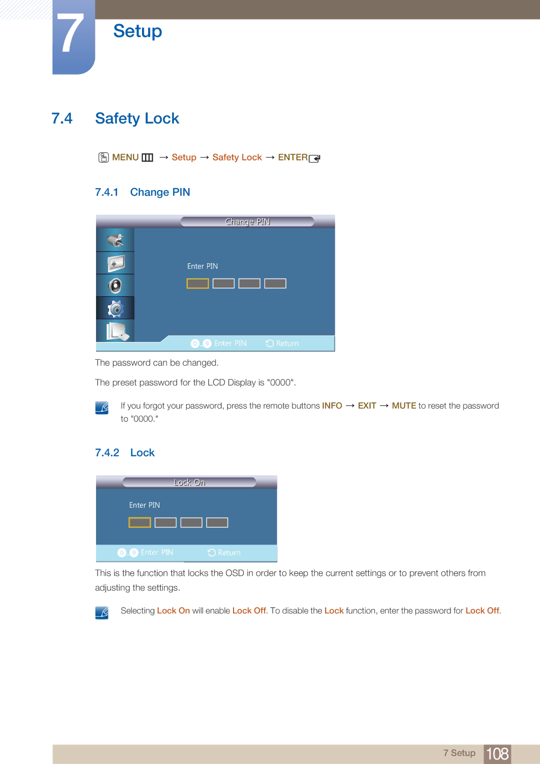 Samsung UD22B user manual Change PIN, Menu m Setup Safety Lock Enter 