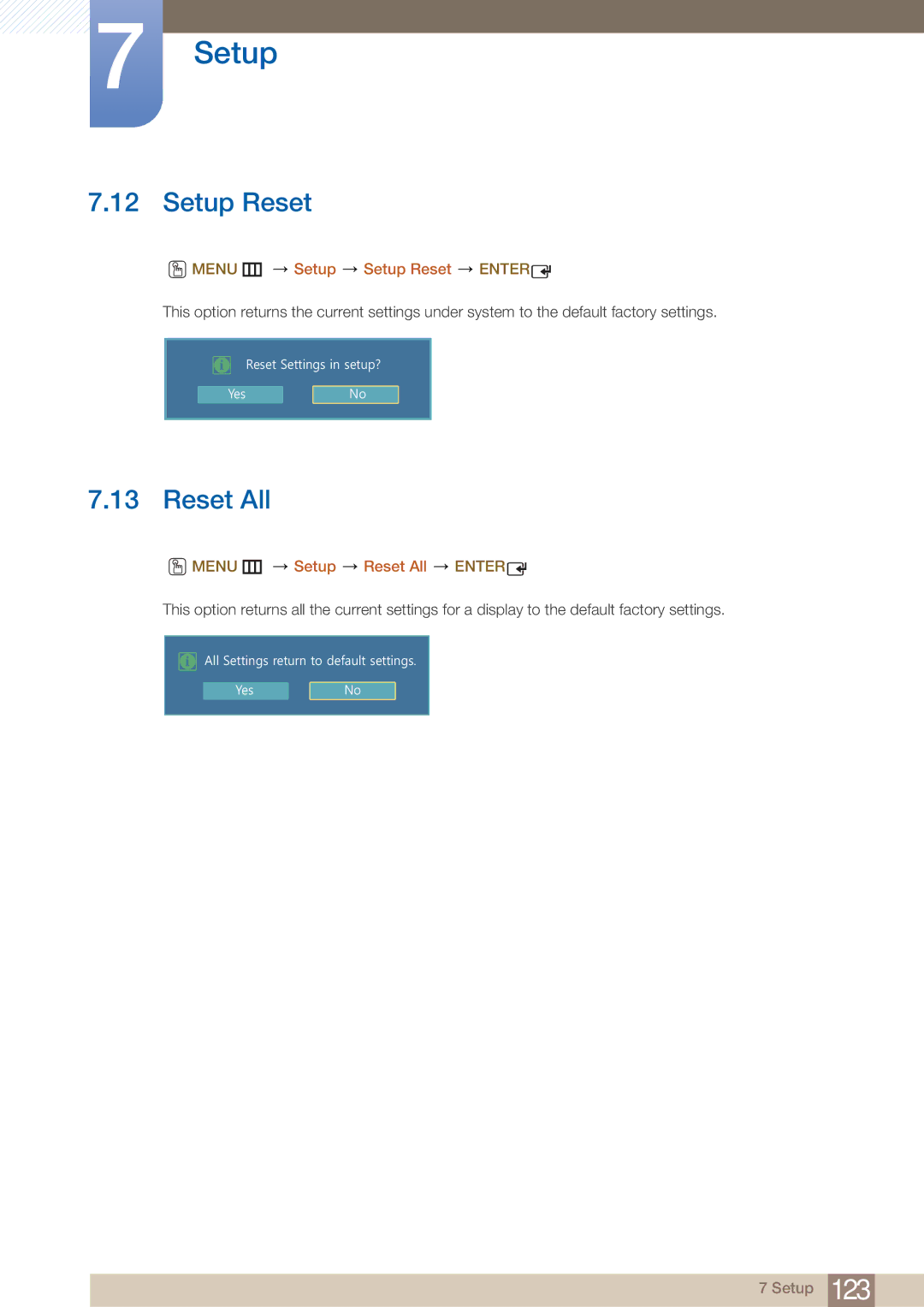 Samsung UD22B user manual Menu m Setup Setup Reset Enter, Menu m Setup Reset All Enter 