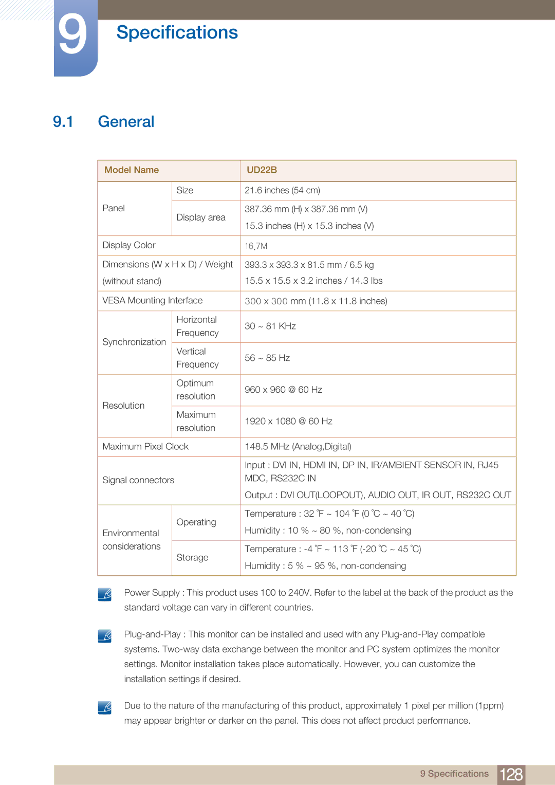 Samsung UD22B user manual Specifications, General 