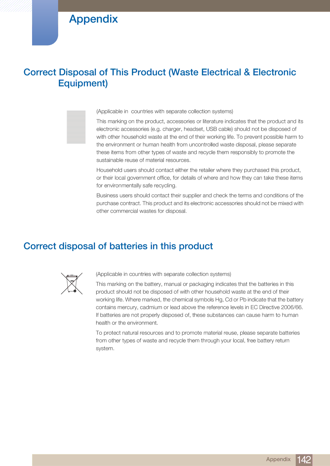 Samsung UD22B user manual Correct disposal of batteries in this product 