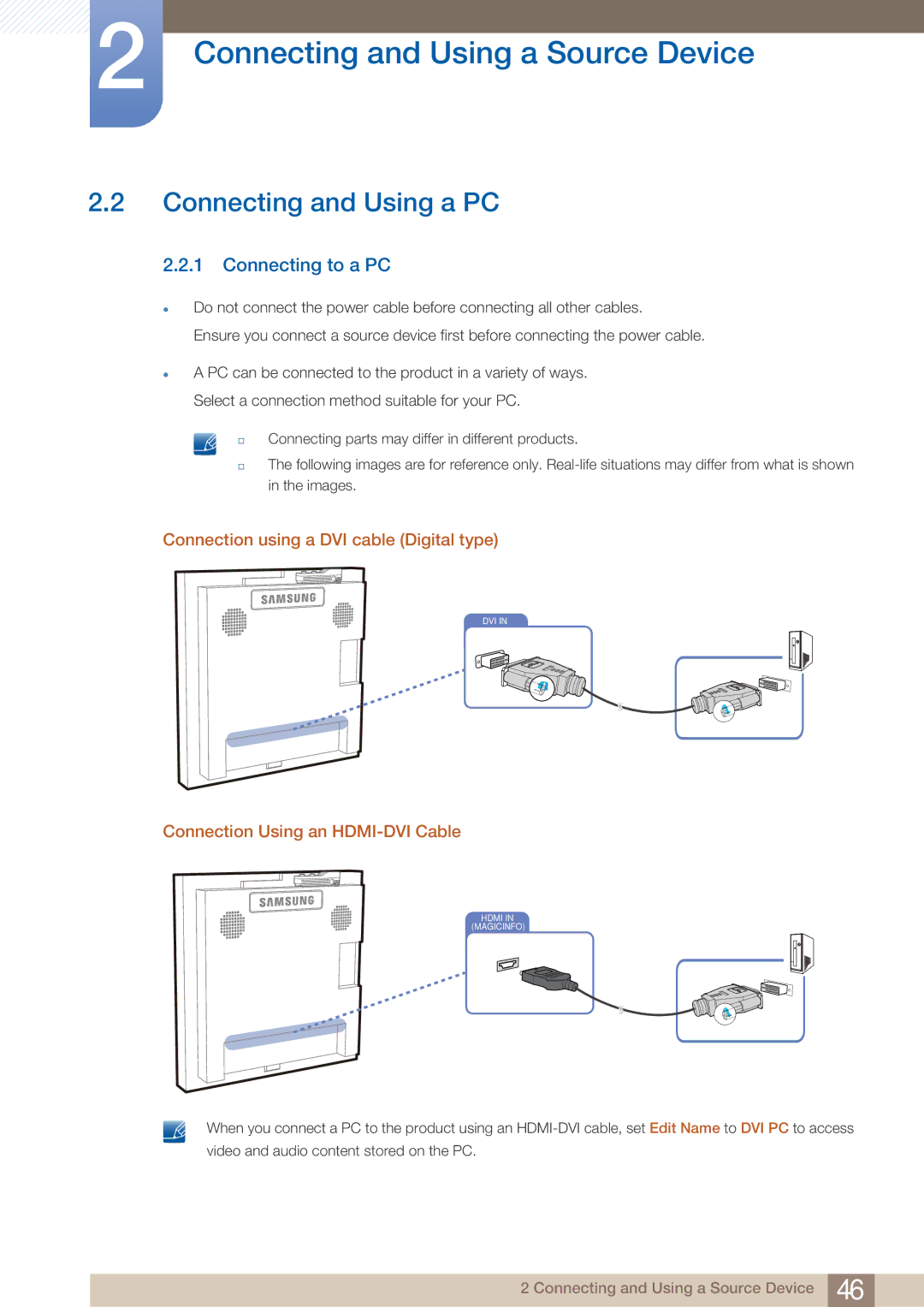 Samsung UD22B user manual Connecting and Using a PC, Connecting to a PC, Connection using a DVI cable Digital type 