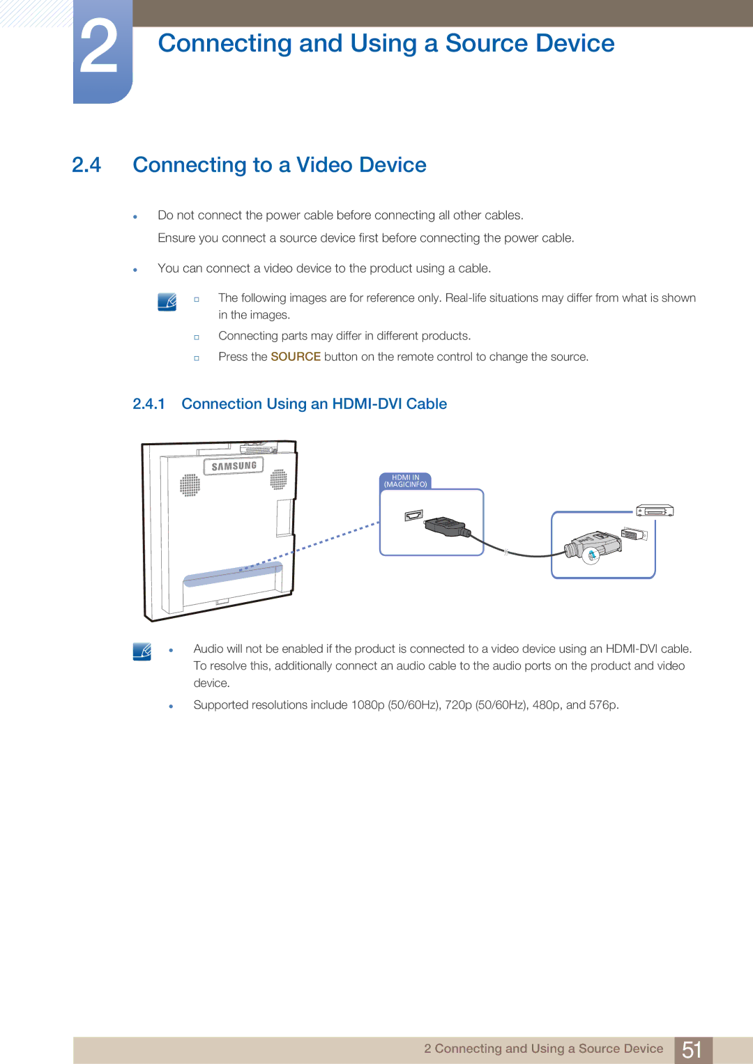 Samsung UD22B user manual Connecting to a Video Device, Connection Using an HDMI-DVI Cable 