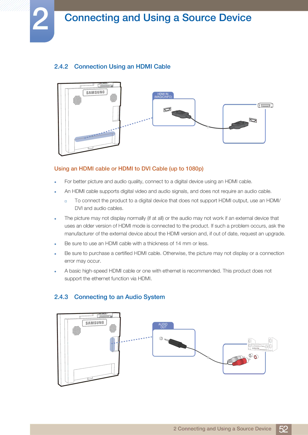 Samsung UD22B user manual Connection Using an Hdmi Cable, Connecting to an Audio System 