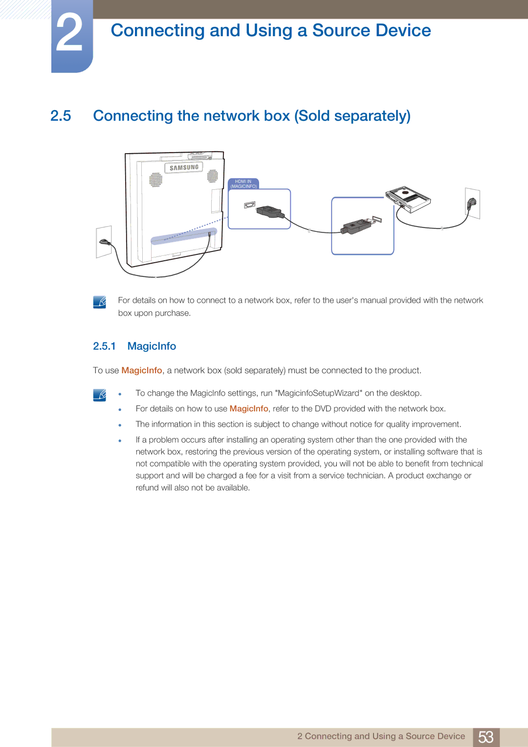 Samsung UD22B user manual Connecting the network box Sold separately, MagicInfo 