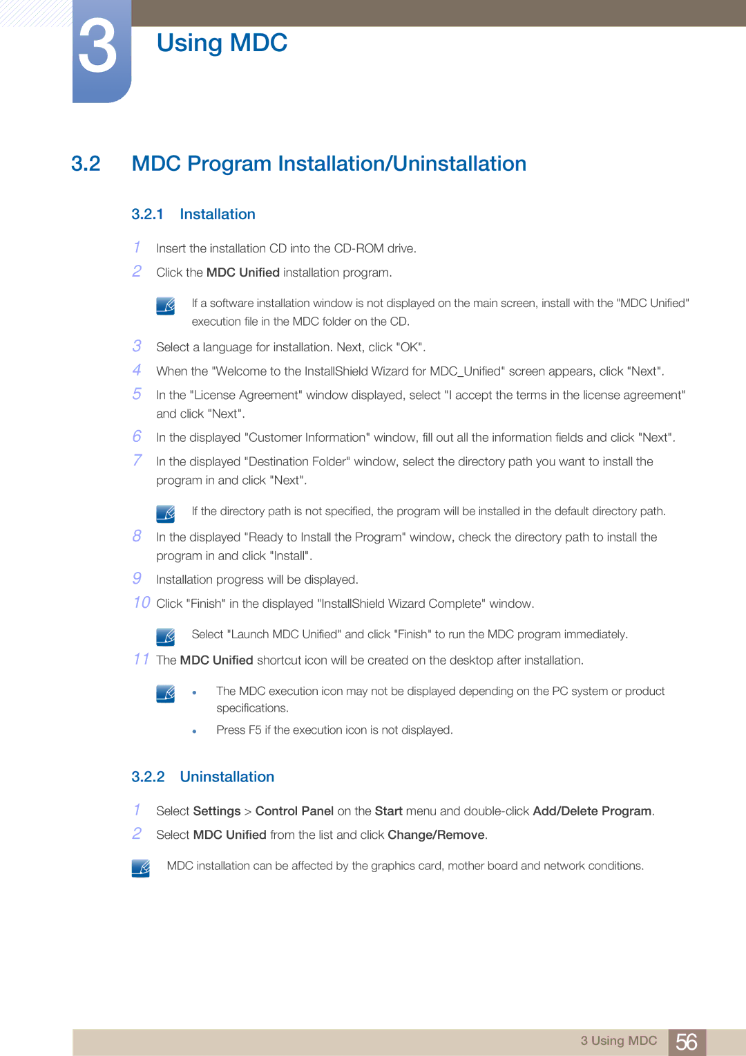 Samsung UD22B user manual MDC Program Installation/Uninstallation 