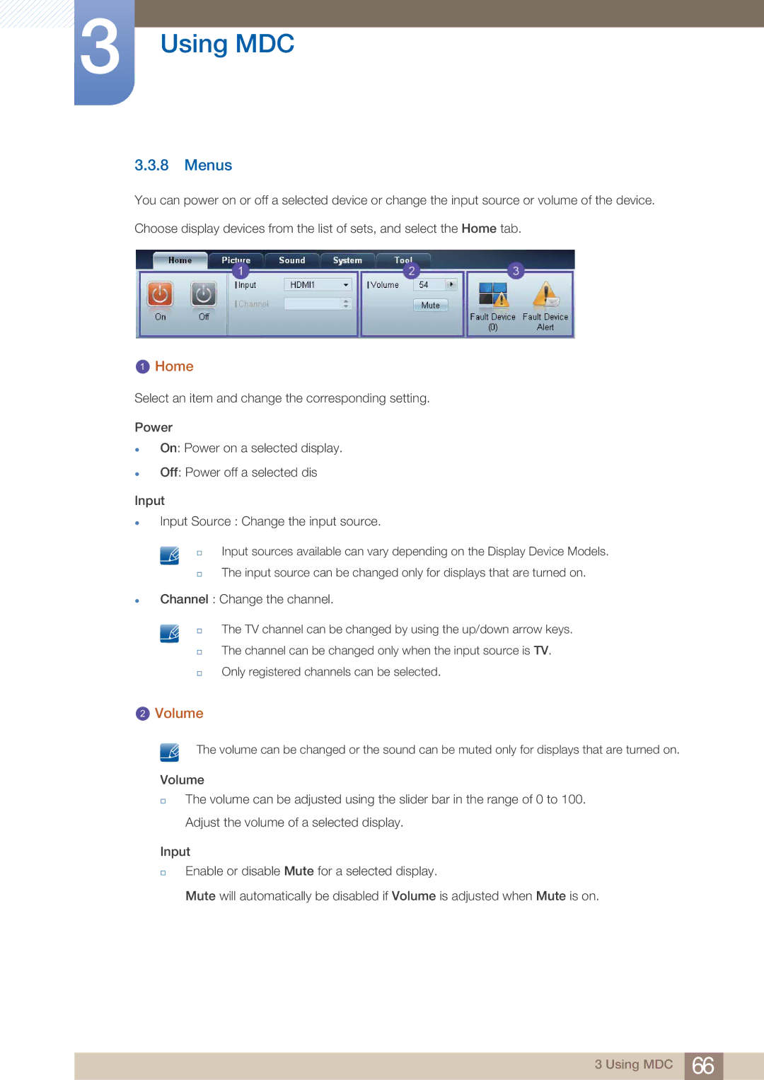 Samsung UD22B user manual Menus, Home, Volume 