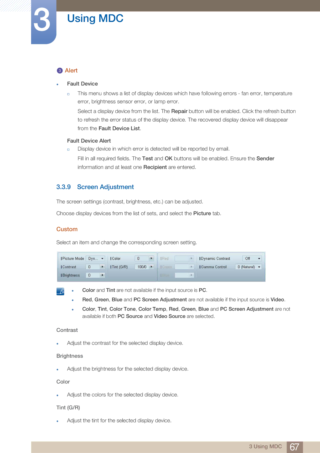 Samsung UD22B user manual Screen Adjustment, Alert, Custom 