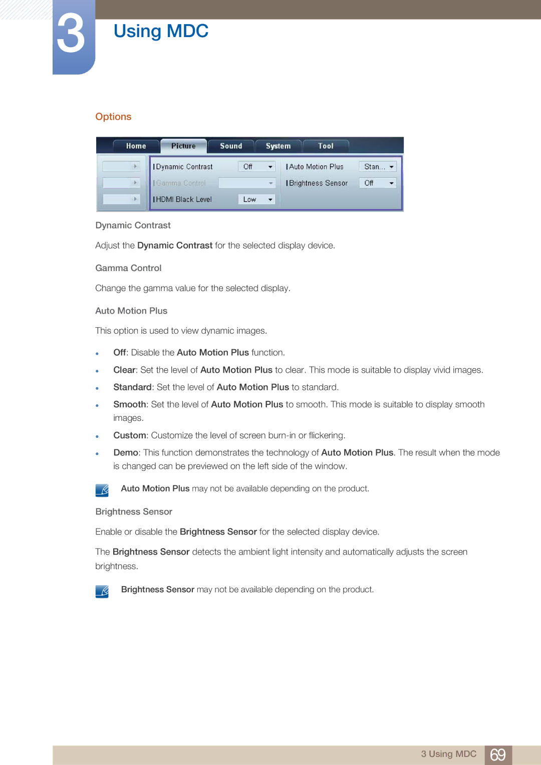 Samsung UD22B user manual Options, Dynamic Contrast, Gamma Control, Auto Motion Plus, Brightness Sensor 