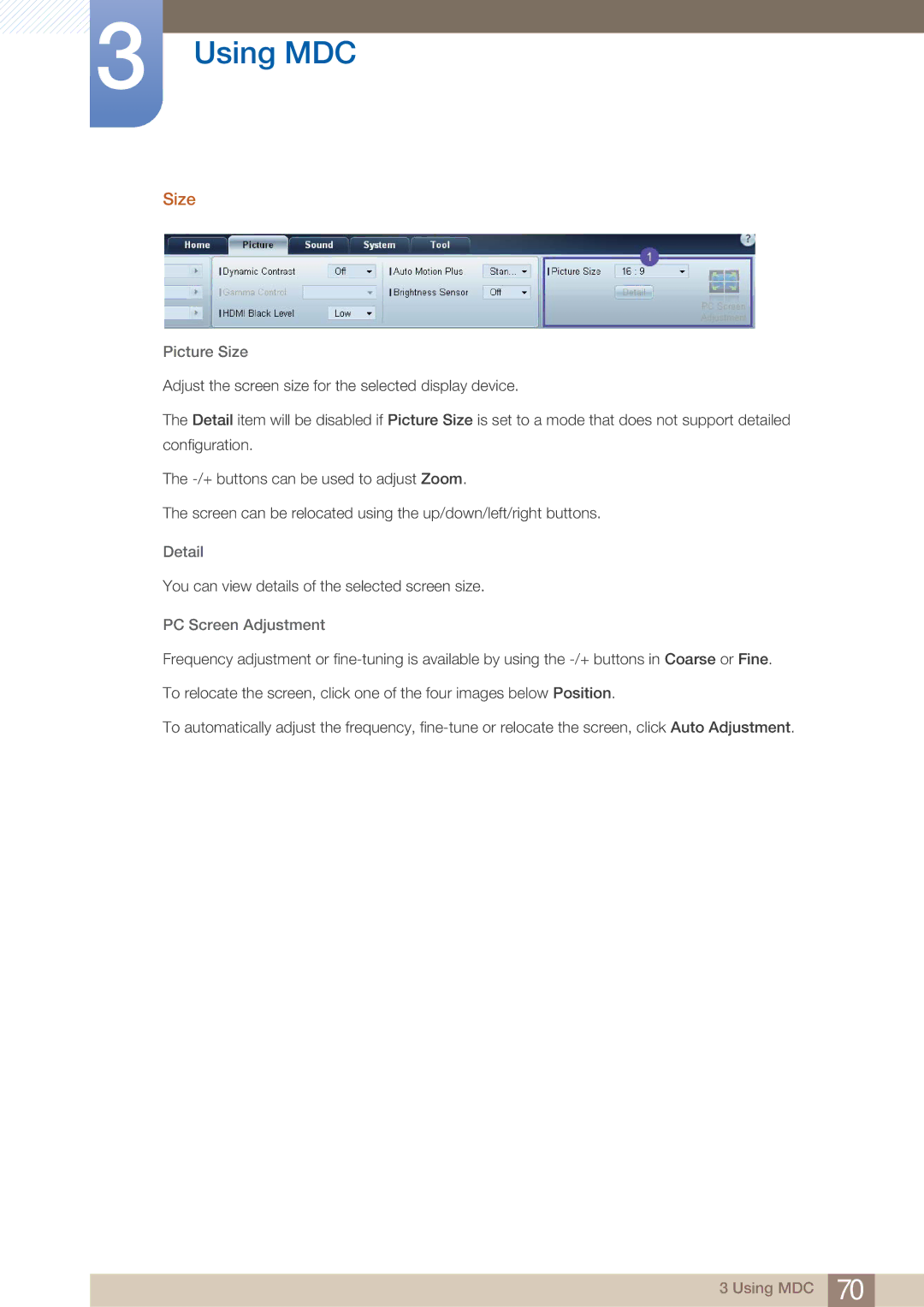 Samsung UD22B user manual Picture Size, Detail, PC Screen Adjustment 