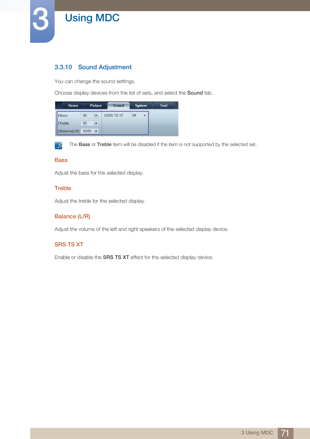 Samsung UD22B user manual Sound Adjustment, Bass, Treble, Balance L/R 