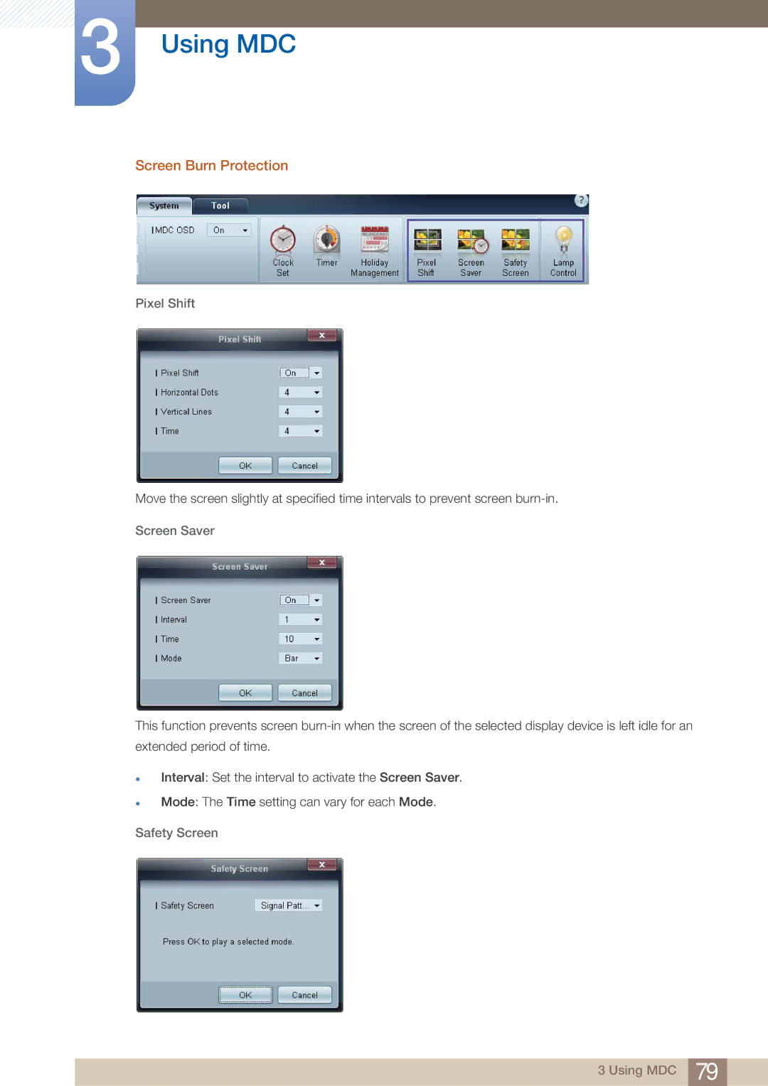 Samsung UD22B user manual Screen Burn Protection, Pixel Shift, Screen Saver, Safety Screen 