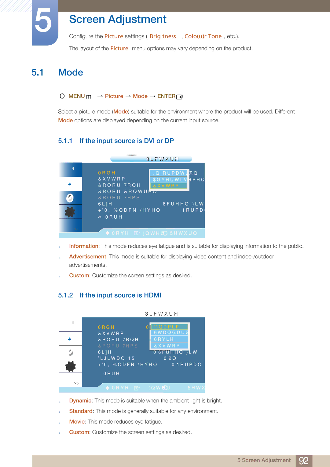 Samsung UD22B user manual If the input source is DVI or DP, If the input source is Hdmi, Menu m Picture Mode Enter 