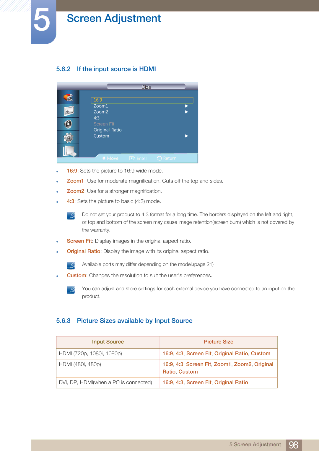 Samsung UD22B user manual Picture Sizes available by Input Source 