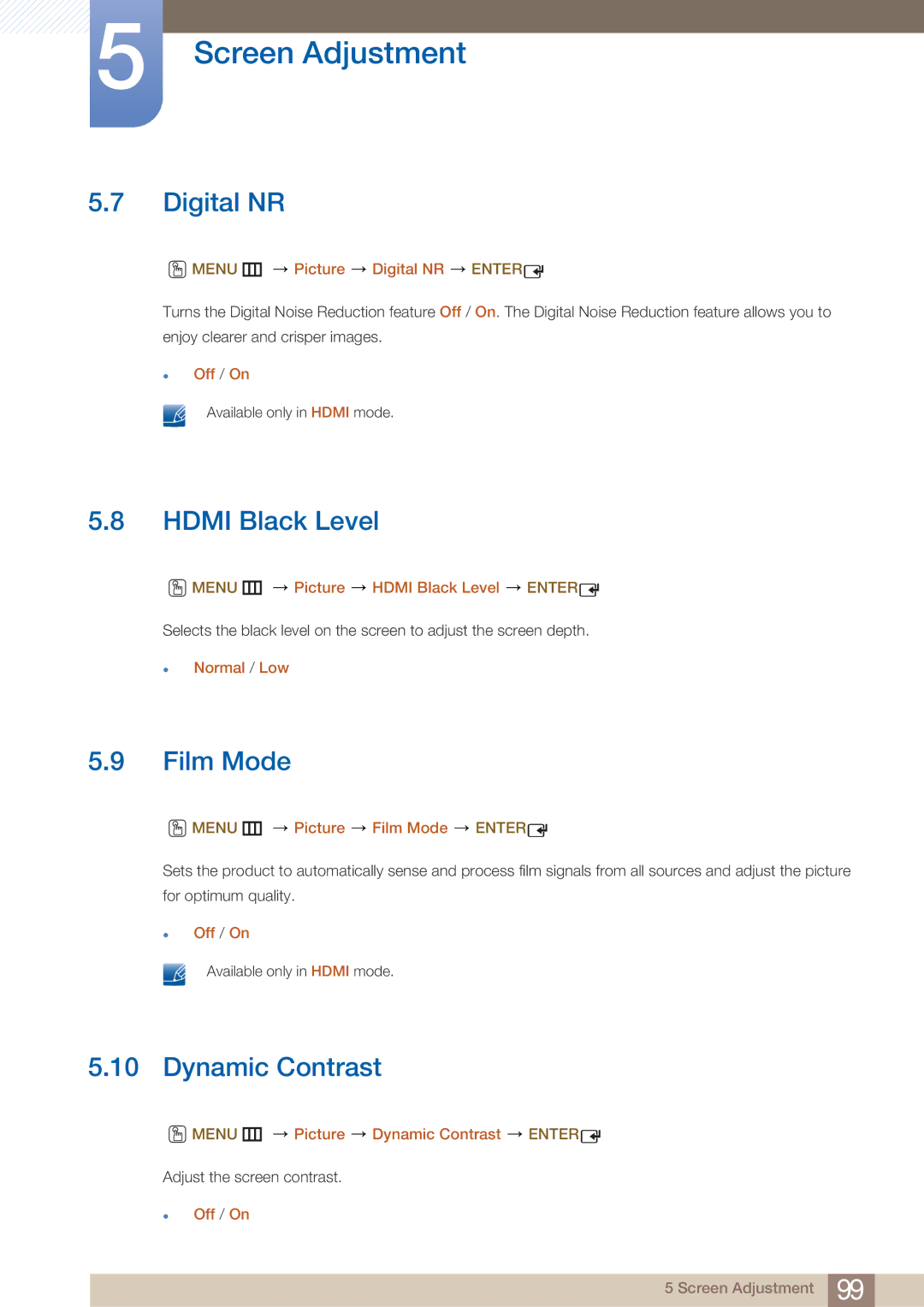 Samsung UD22B user manual Digital NR, Hdmi Black Level, Film Mode, Dynamic Contrast 