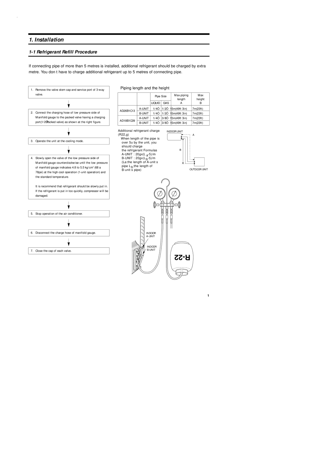 Samsung AD18B1C09, UD26B1C2, UD18B1C2, AD26B1C13 service manual Installation, Refrigerant Refill Procedure 