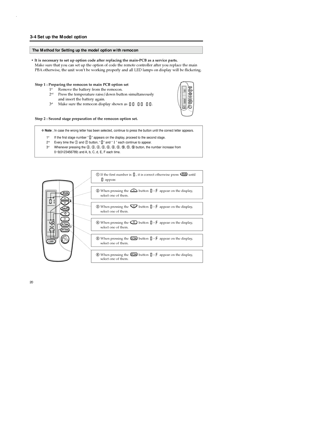 Samsung UD18B1C2, UD26B1C2, AD18B1C09 Set up the Model option, Method for Setting up the model option with remocon 