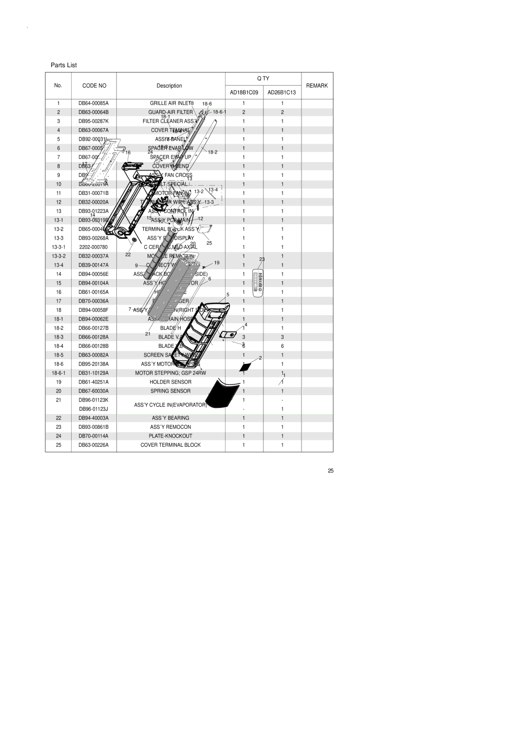 Samsung AD18B1C09, UD26B1C2, UD18B1C2, AD26B1C13 service manual Parts List 