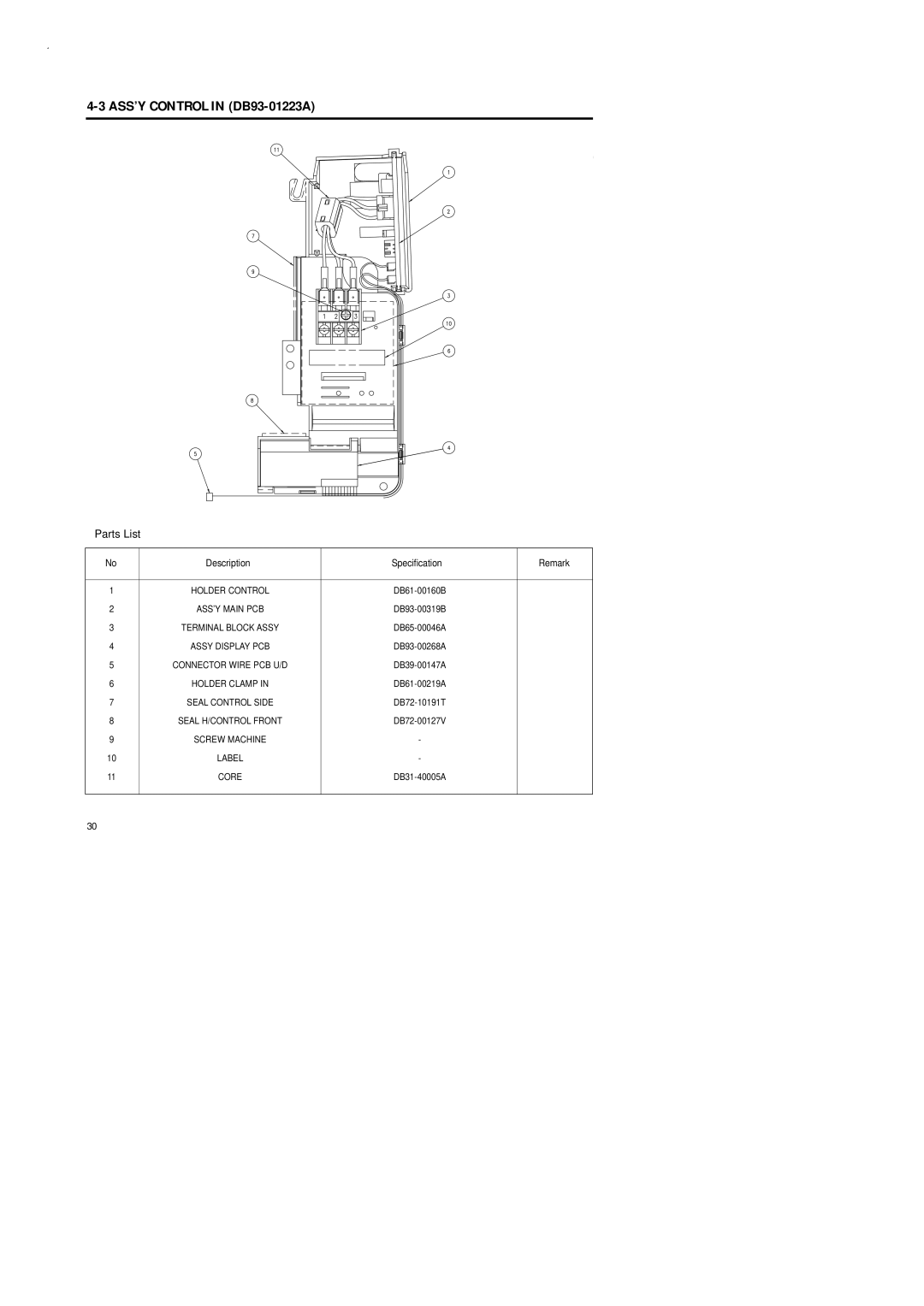 Samsung AD26B1C13, UD26B1C2, UD18B1C2, AD18B1C09 service manual ASS’Y Control in DB93-01223A, Description Specification Remark 