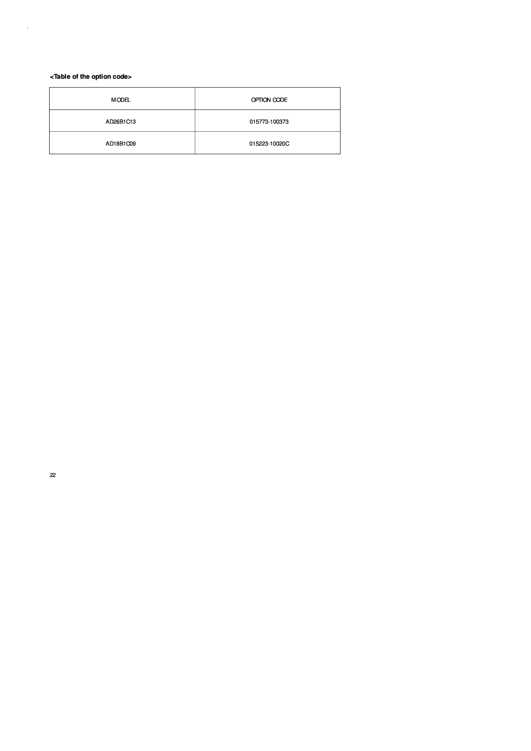 Samsung AD26B1C13, UD26B1C2, UD18B1C2 Table of the option code, Model, Option Code, 015773-100373, AD18B1C09, 015223-10020C 