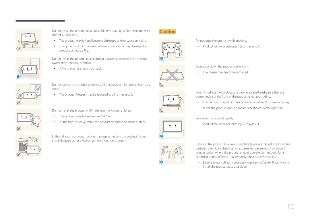 Samsung UD46C Sloped surface, etc, Product or cause a fire, Install the product in a kitchen or near a kitchen counter 