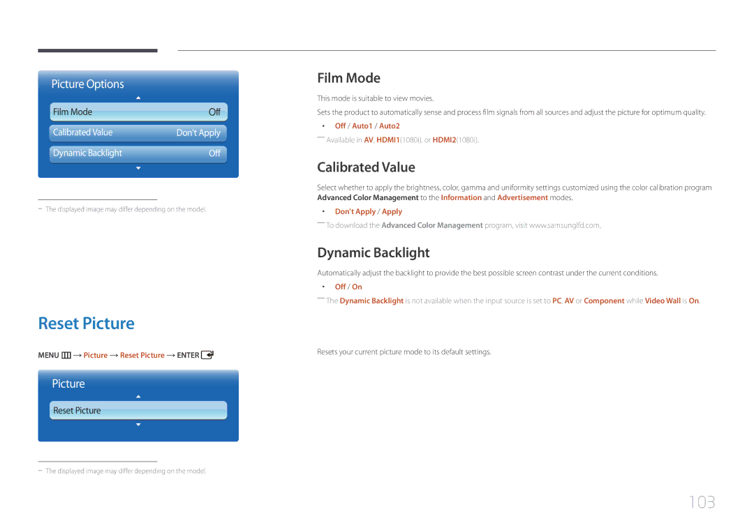 Samsung UD55C, UD46C user manual Reset Picture, 103, Film Mode, Calibrated Value, Dynamic Backlight 