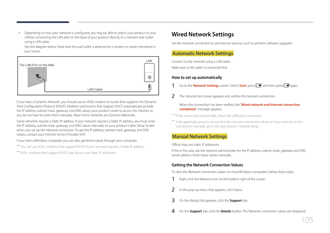 Samsung UD55C, UD46C user manual 105, Wired Network Settings, Automatic Network Settings, Manual Network Settings 