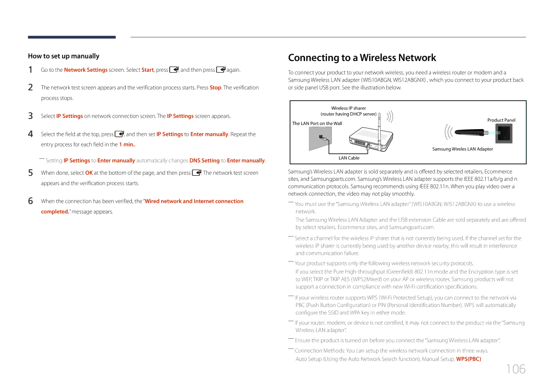 Samsung UD46C, UD55C user manual 106, Connecting to a Wireless Network, Entry process for each field in the 1 min 