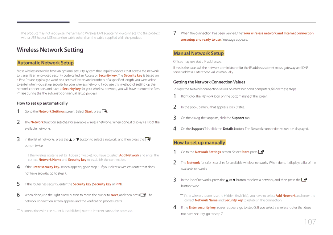 Samsung UD55C, UD46C user manual 107, Wireless Network Setting, Automatic Network Setup, Manual Network Setup 