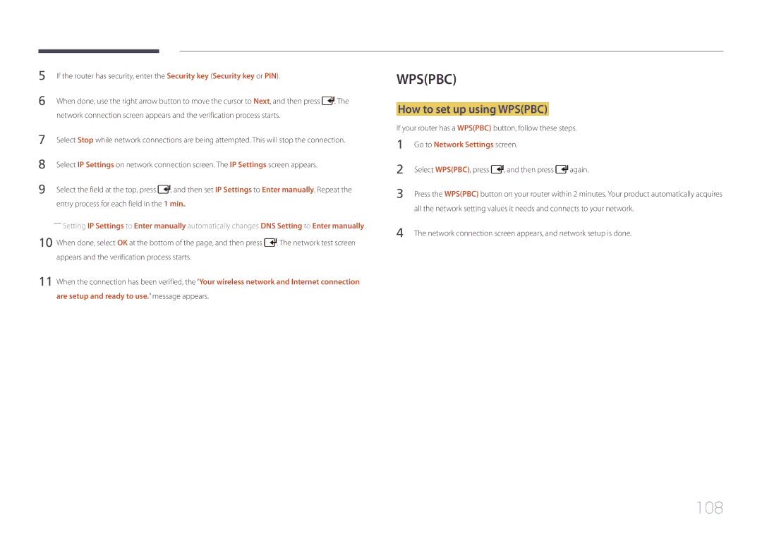 Samsung UD46C, UD55C user manual 108, How to set up using Wpspbc, If your router has a Wpspbc button, follow these steps 