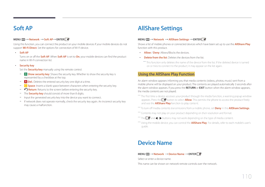 Samsung UD46C, UD55C user manual Soft AP, AllShare Settings, Device Name, 110, Using the AllShare Play Function 