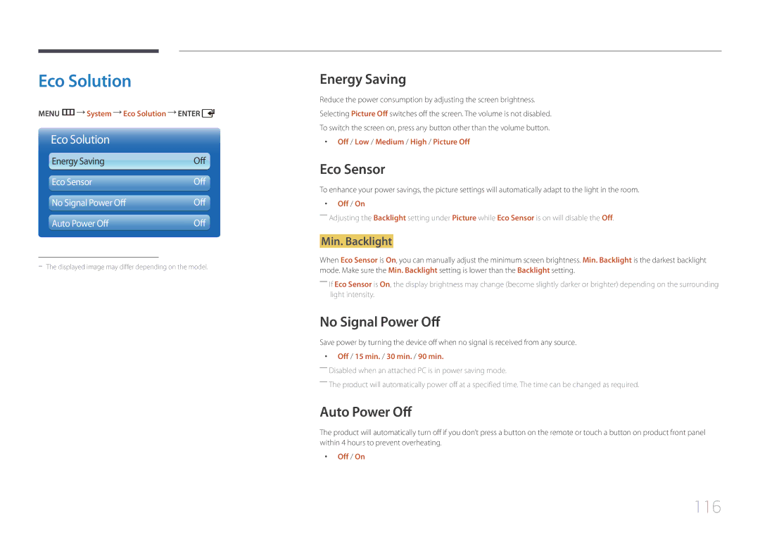 Samsung UD46C, UD55C user manual Eco Solution, 116 